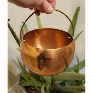 Mid Century Modern Decorative Round Copper Succulent Planter with Brass Handle